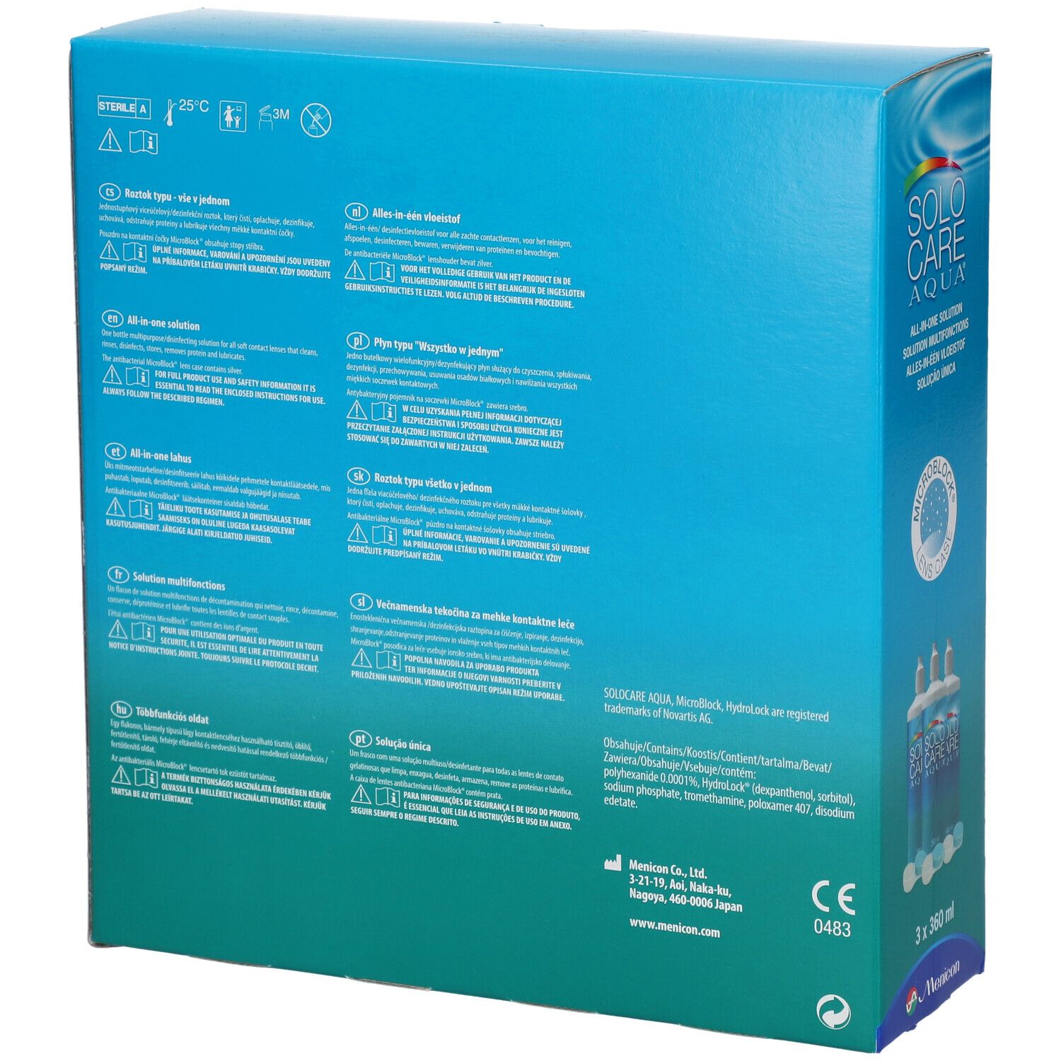 Rückseite der blauen Verpackung mit Text und Symbolen. Enthält Informationen zu Inhaltsstoffen und Gebrauchsanweisungen.