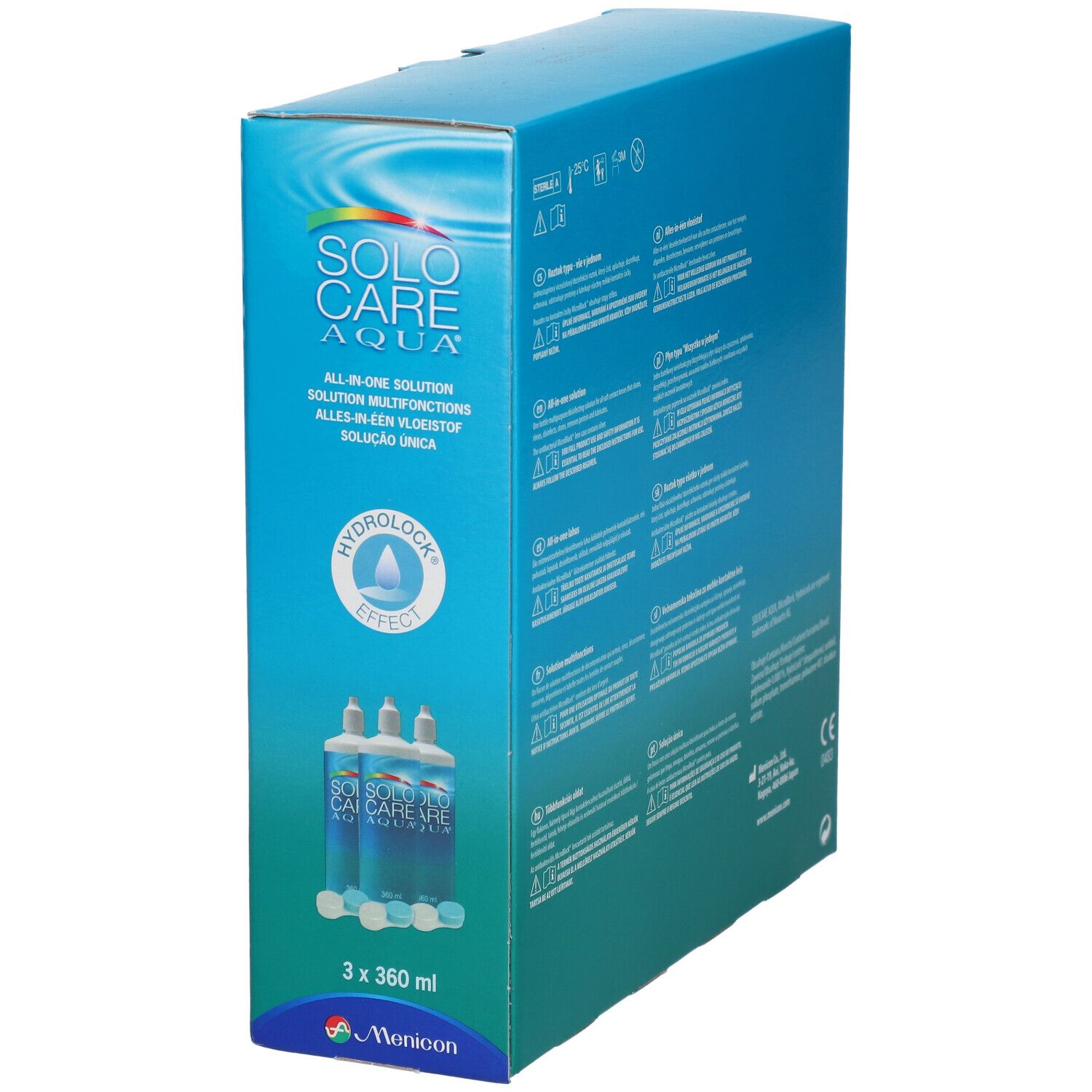Blau-weiße Verpackung mit SOLOCARE AQUA-Logo. Enthält drei Flaschen und Behälter. Aufschrift: All-in-one Solution.
