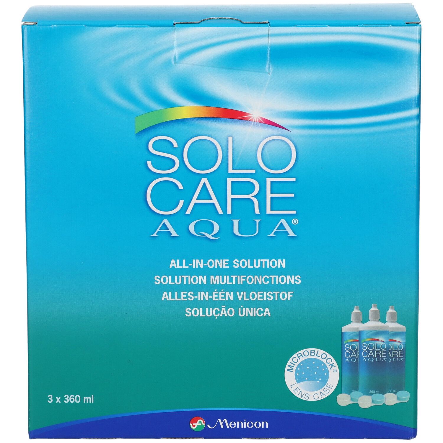 Blau-weiße Verpackung mit SOLOCARE AQUA-Logo. Enthält drei Flaschen und Behälter. Aufschrift: All-in-one Solution.