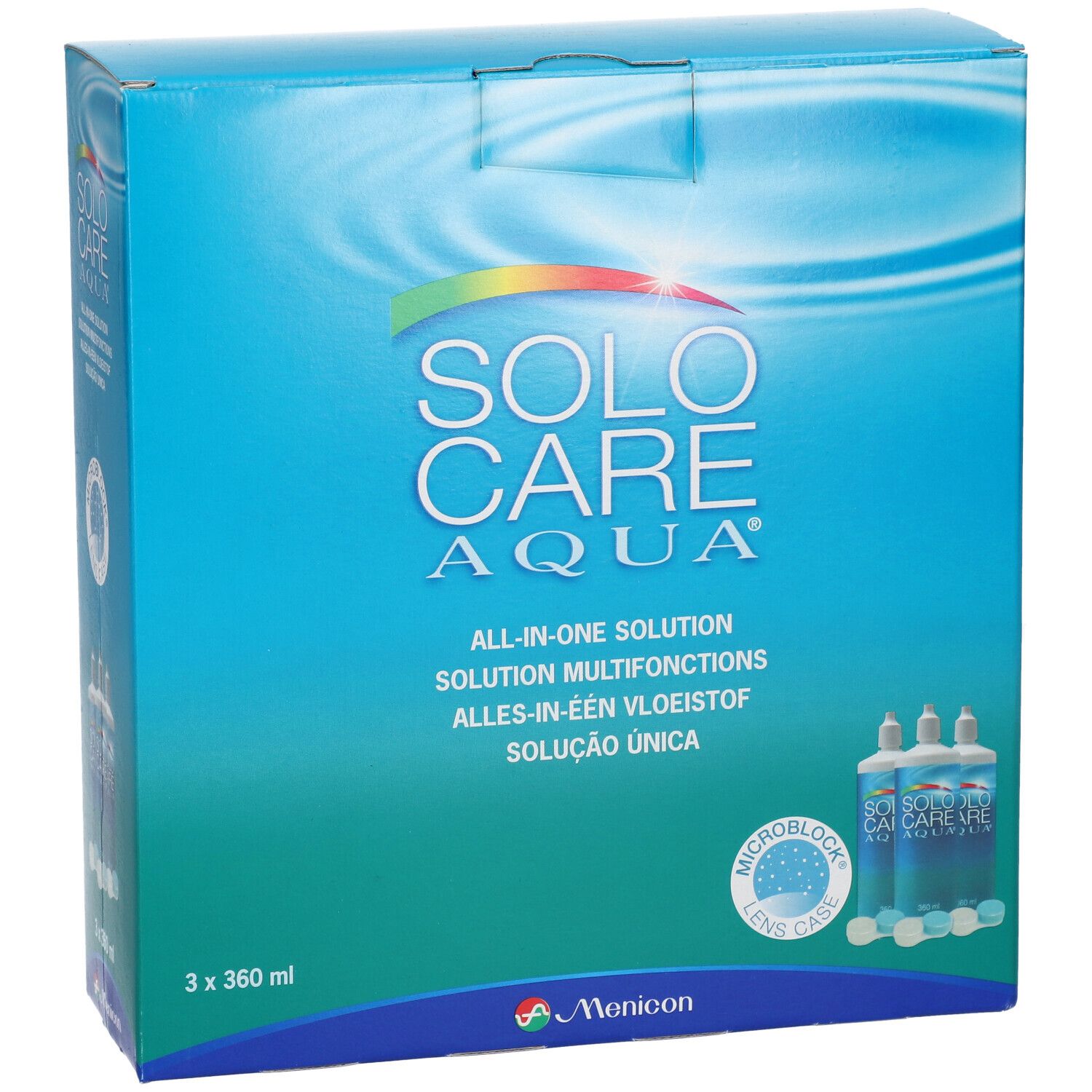 Blau-weiße Verpackung mit SOLOCARE AQUA-Logo. Enthält drei Flaschen und Behälter. Aufschrift: All-in-one Solution.