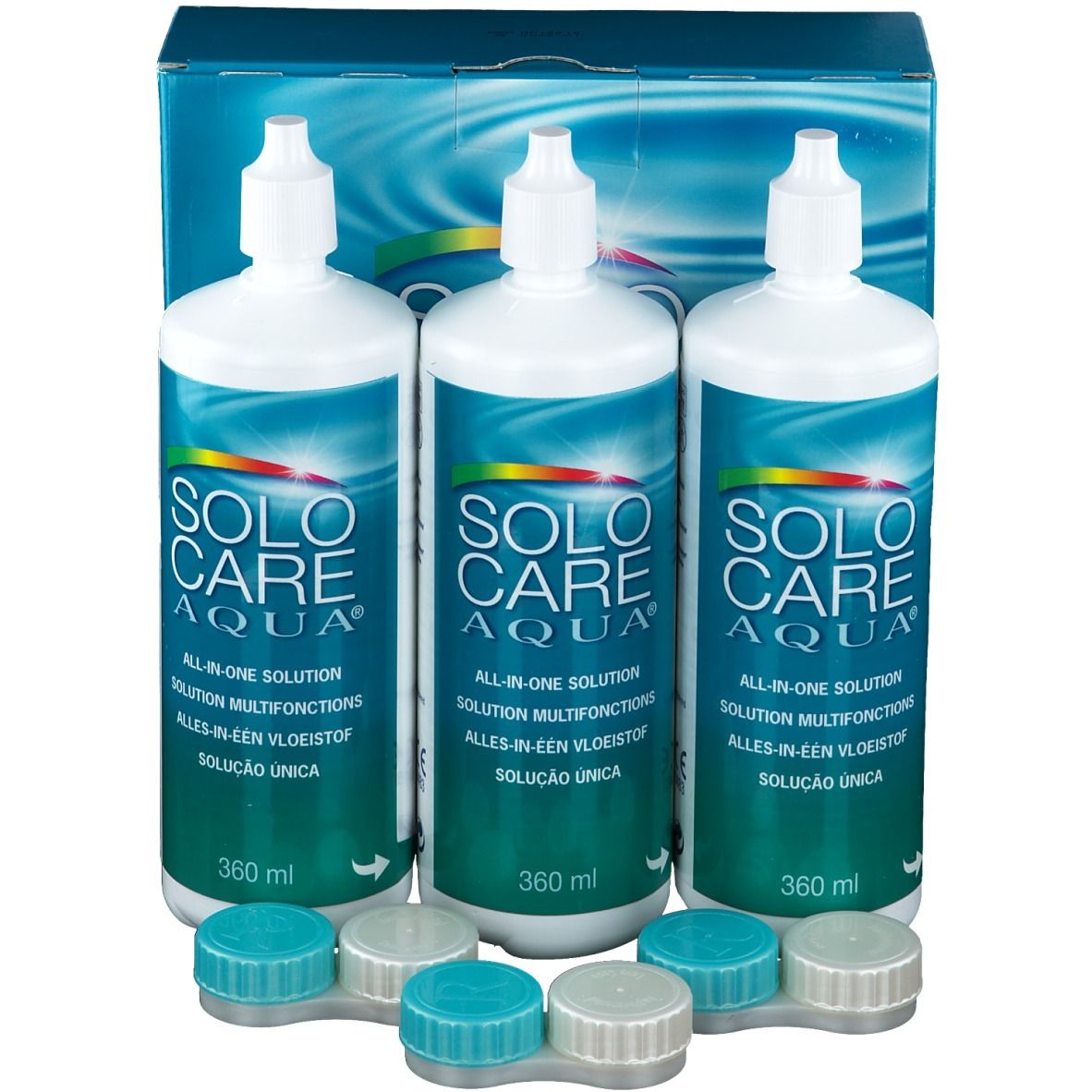 Drei Flaschen und zwei Behälter. Aufschrift SOLOCARE AQUA. All-in-one Solution. Blaue und weiße Deckel.