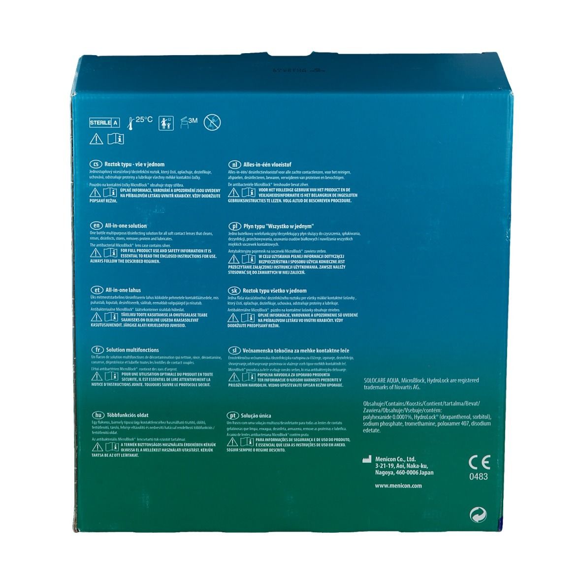 Rückseite der blauen Verpackung mit Text und Symbolen. Enthält Informationen zu Inhaltsstoffen und Gebrauchsanweisungen.