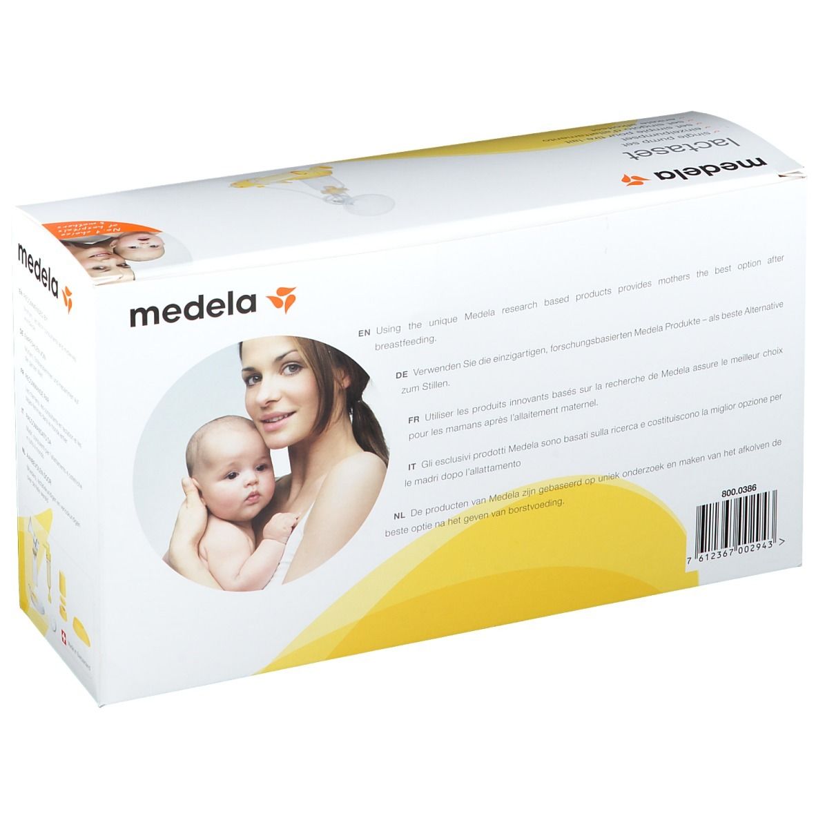 Dos de la boîte Lactaset Medela. Informations multilingues. Logo sans BPA.