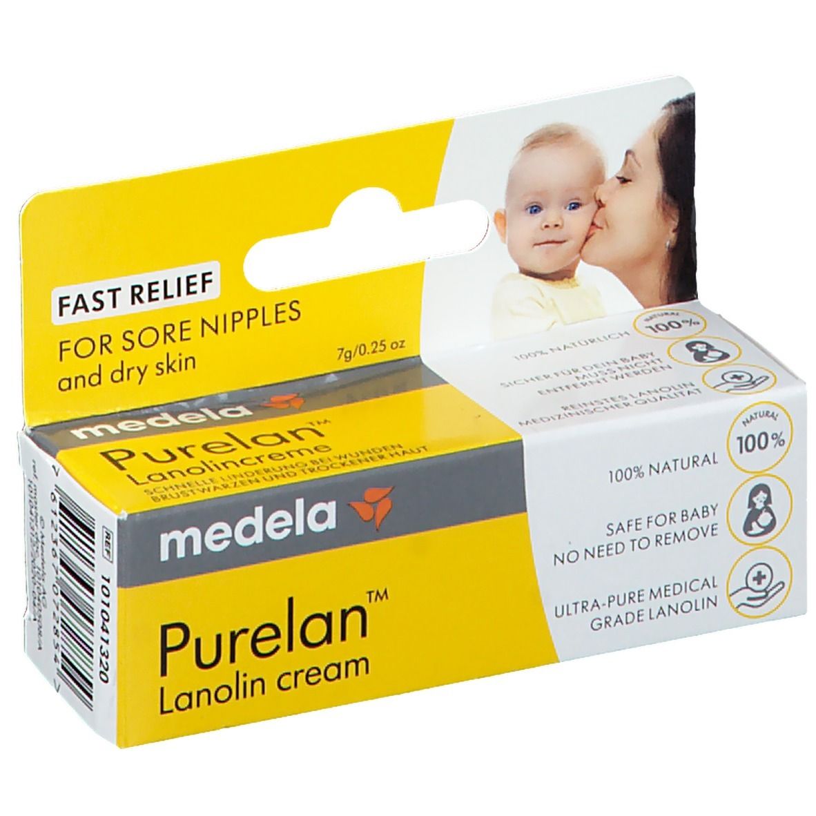 Verpakking van medela Purelan™ lanolinecrème. Gele doos met productnaam en logo. Bevat 7g/0.25 oz.