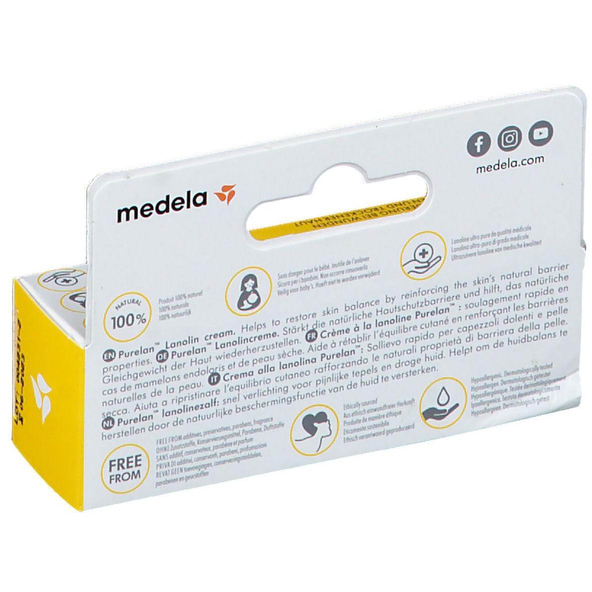 Achterkant van de verpakking van medela Purelan™ lanolinecrème. Tekst in meerdere talen. Logo en contactgegevens van medela.