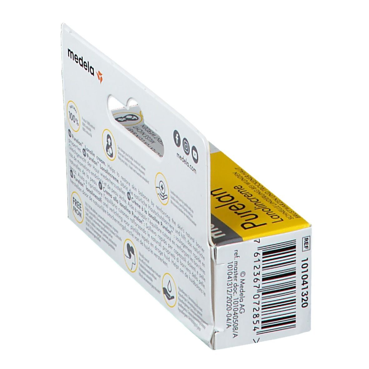 Zijaanzicht van de verpakking van medela Purelan™ lanolinecrème. Barcode, referentienummer en contactgegevens van medela.