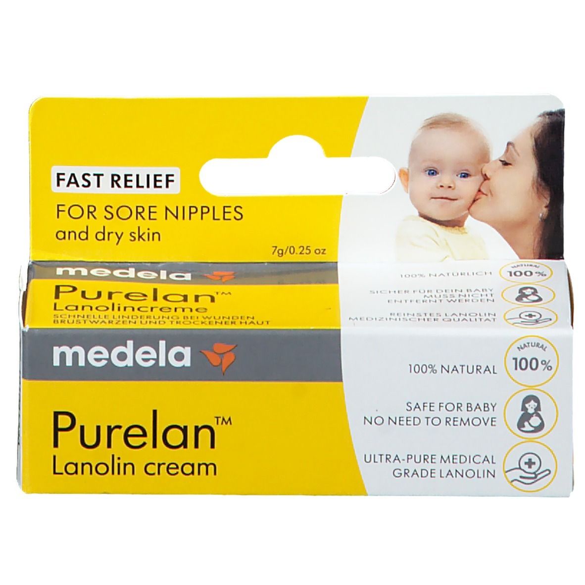 Verpakking van medela Purelan™ lanolinecrème. Gele doos met productnaam en logo. Bevat 7g/0.25 oz. Illustratie baby en moeder.