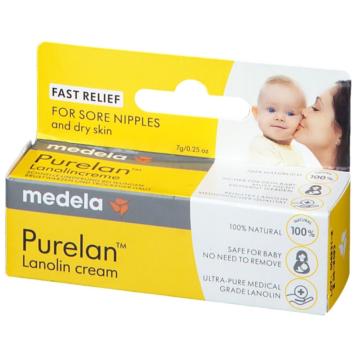 Verpakking van medela Purelan™ lanolinecrème. Gele doos met productnaam en logo. Bevat 7g/0.25 oz. Illustratie baby en moeder.