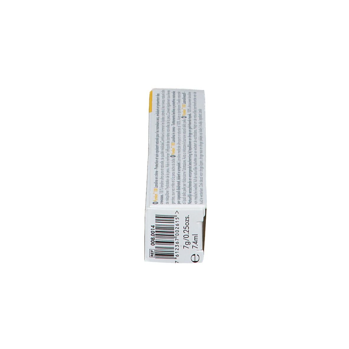 Zijaanzicht van de verpakking van medela Purelan™ lanolinecrème. Barcode, productinformatie en inhoud.