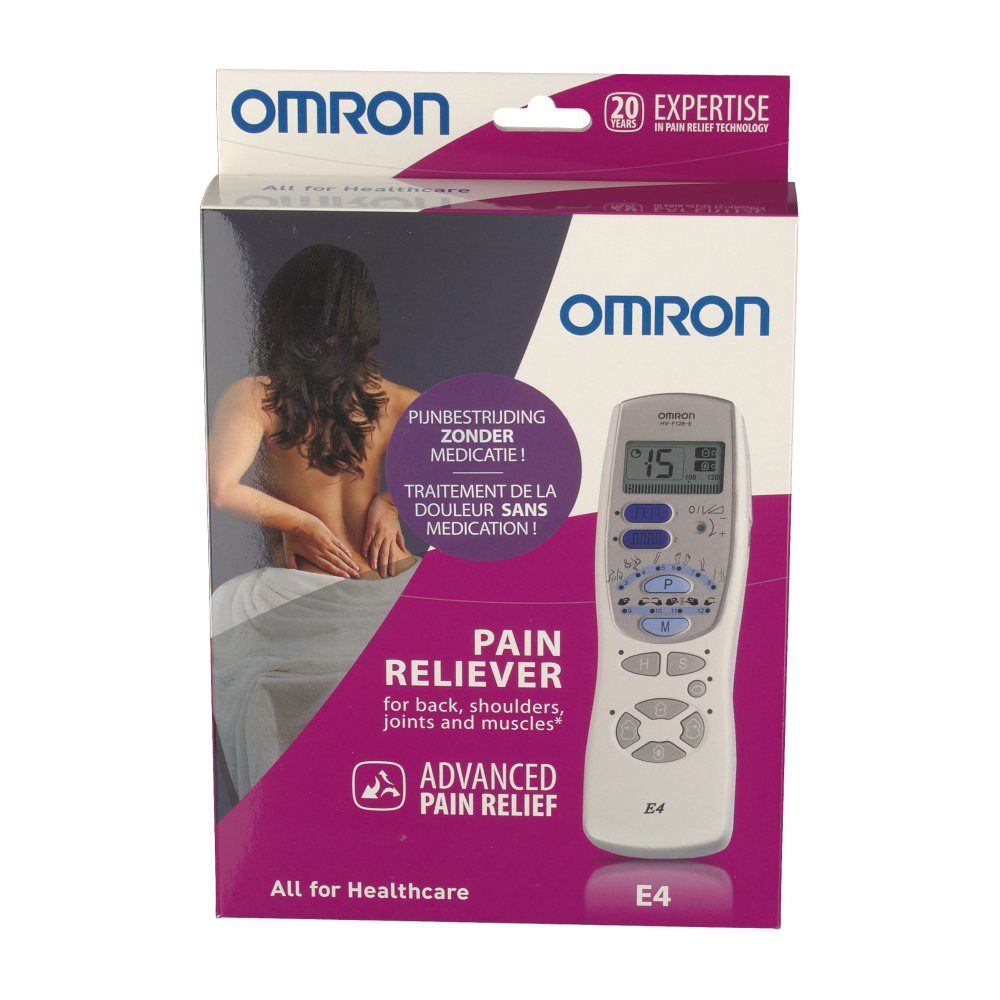 Verpakking met productafbeelding en tekst. OMRON-logo, "Pain Reliever" en "E4" zichtbaar. Het apparaat is afgebeeld.