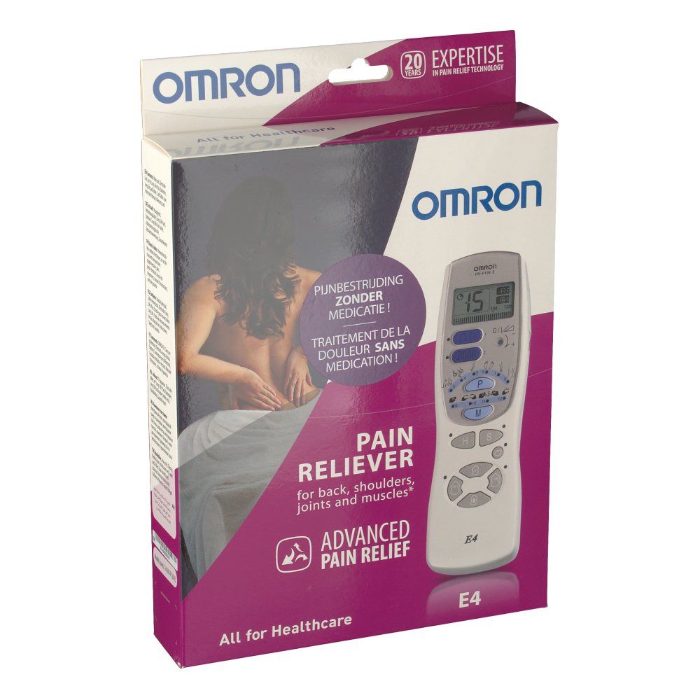 Verpakking met productafbeelding en tekst. OMRON-logo, "Pain Reliever" en "E4" zichtbaar. Het apparaat is afgebeeld.