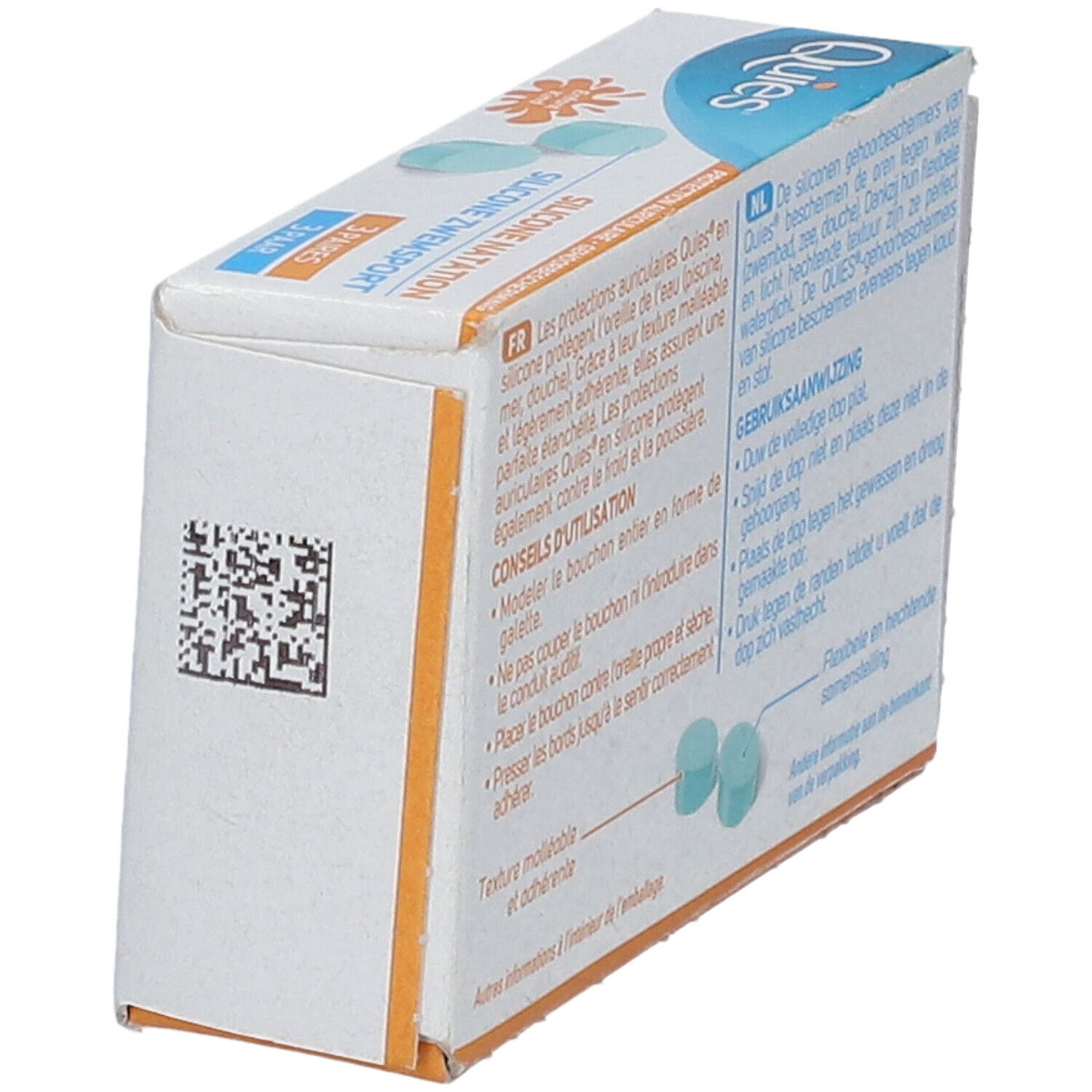 Schuine verpakking Quies product. QR-code en tekst in Frans en Nederlands.