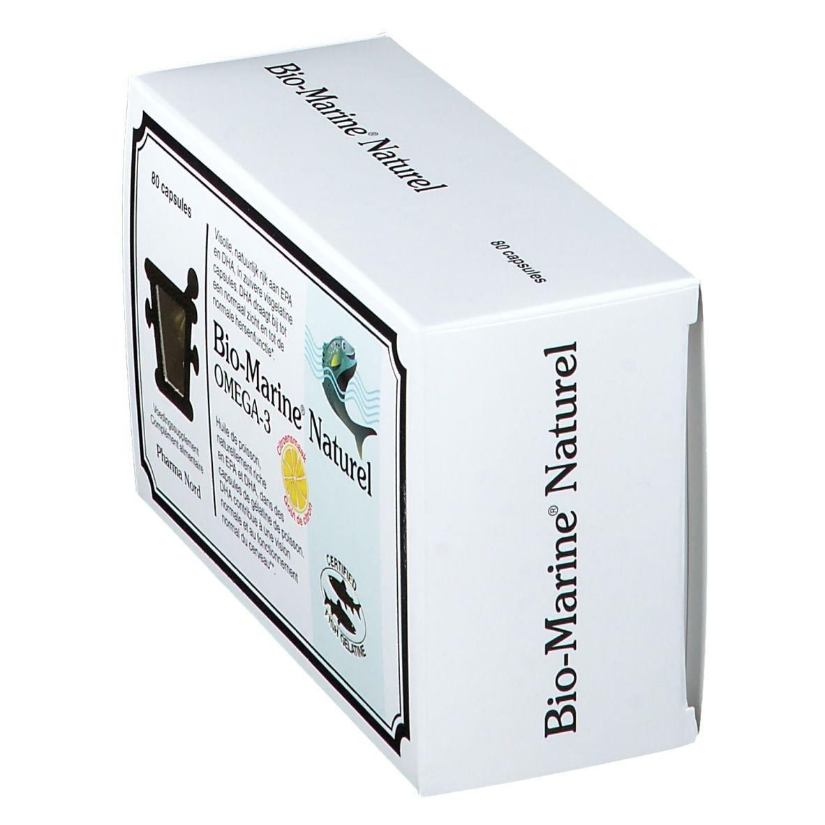 Boîte blanche Bio-Marine Naturel en perspective, 80 capsules. Logo poisson et citron. Certifié.