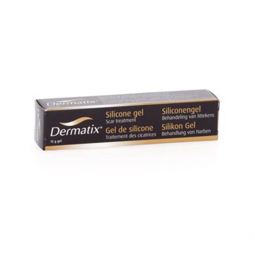 Emballage Dermatix Gel de Silicone. Boîte noire avec nom du produit et texte multilingue.