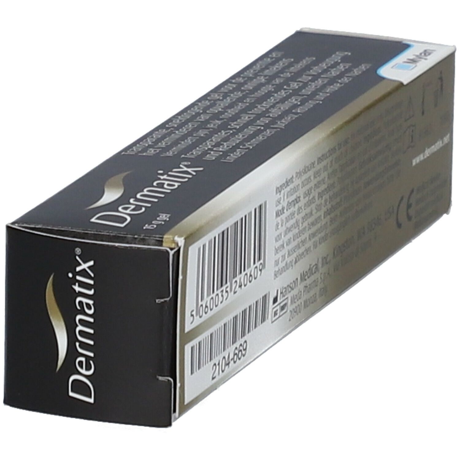 Dermatix Gel doosje, zwarte verpakking met witte tekst. Productnaam en informatie over littekenbehandeling.