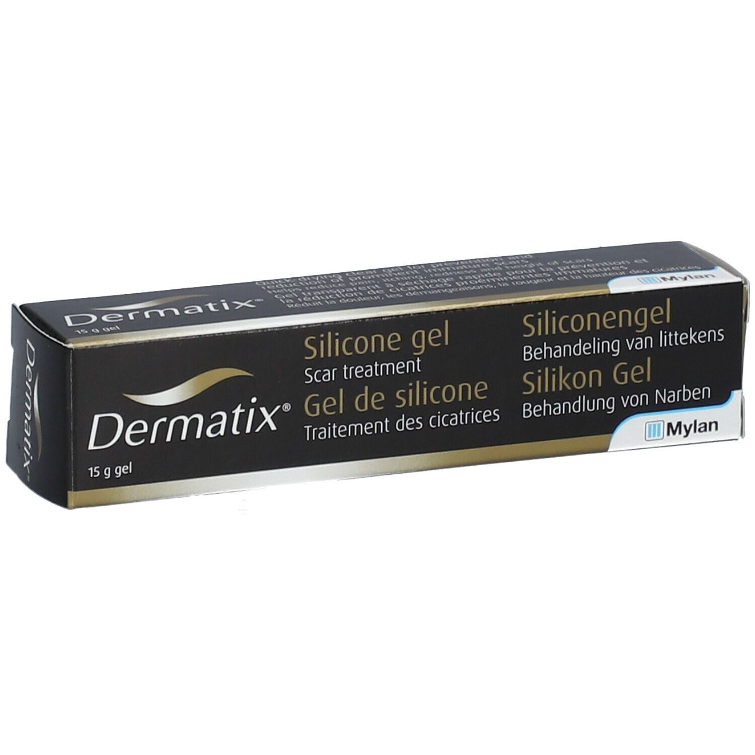 Dermatix Gel doosje, zwarte verpakking met witte tekst. Productnaam en informatie over littekenbehandeling.