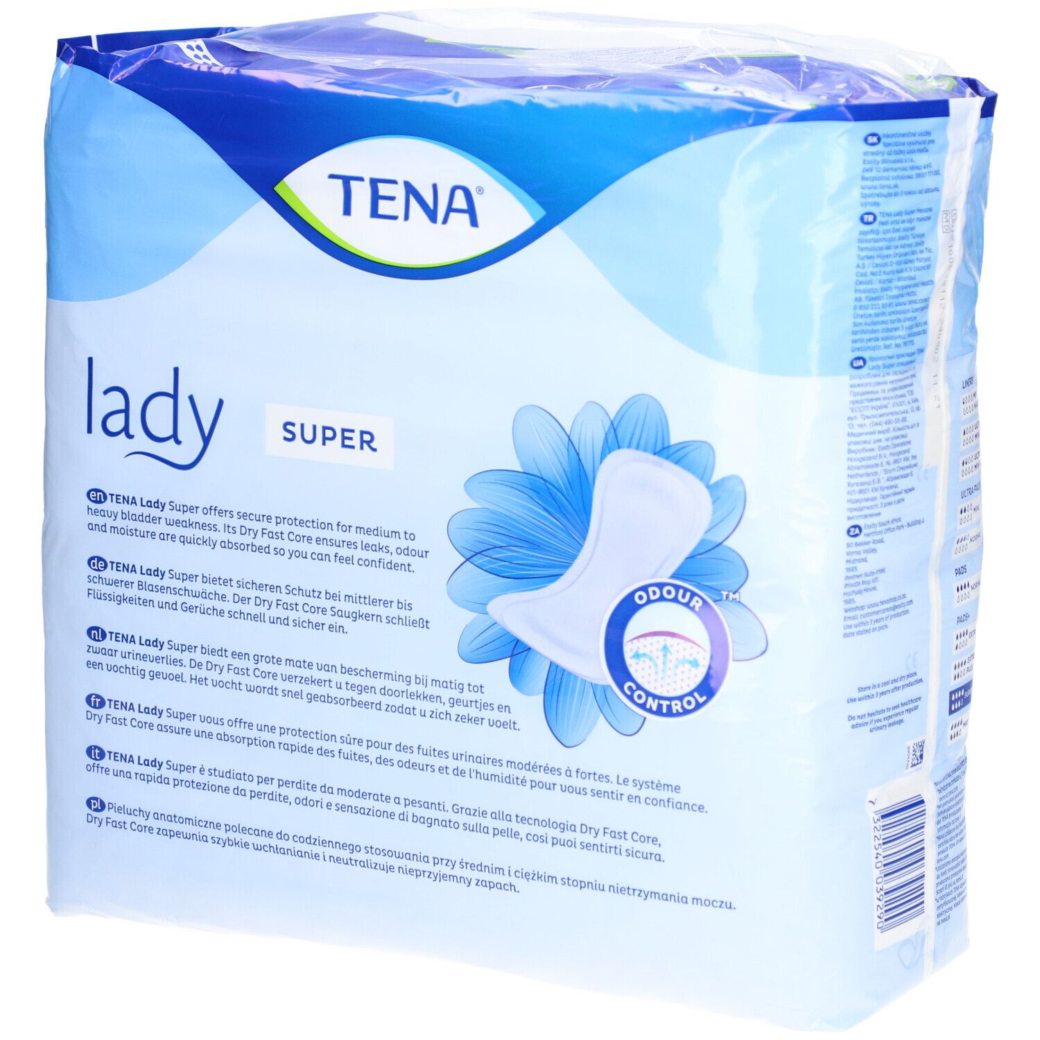 Emballage TENA Lady Super. Dos avec informations sur le produit. Emballage bleu avec illustration. Contrôle des odeurs.