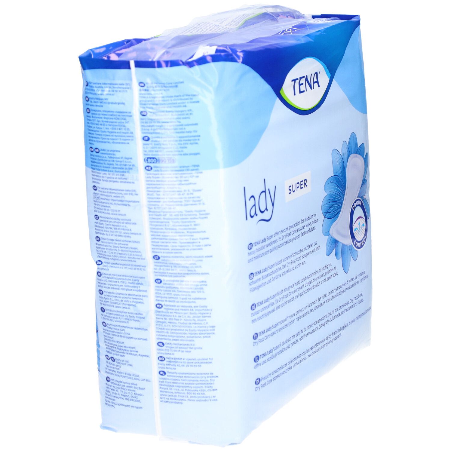 Emballage TENA Lady Super en biais. Dos avec informations sur le produit. Emballage bleu. Contrôle des odeurs.