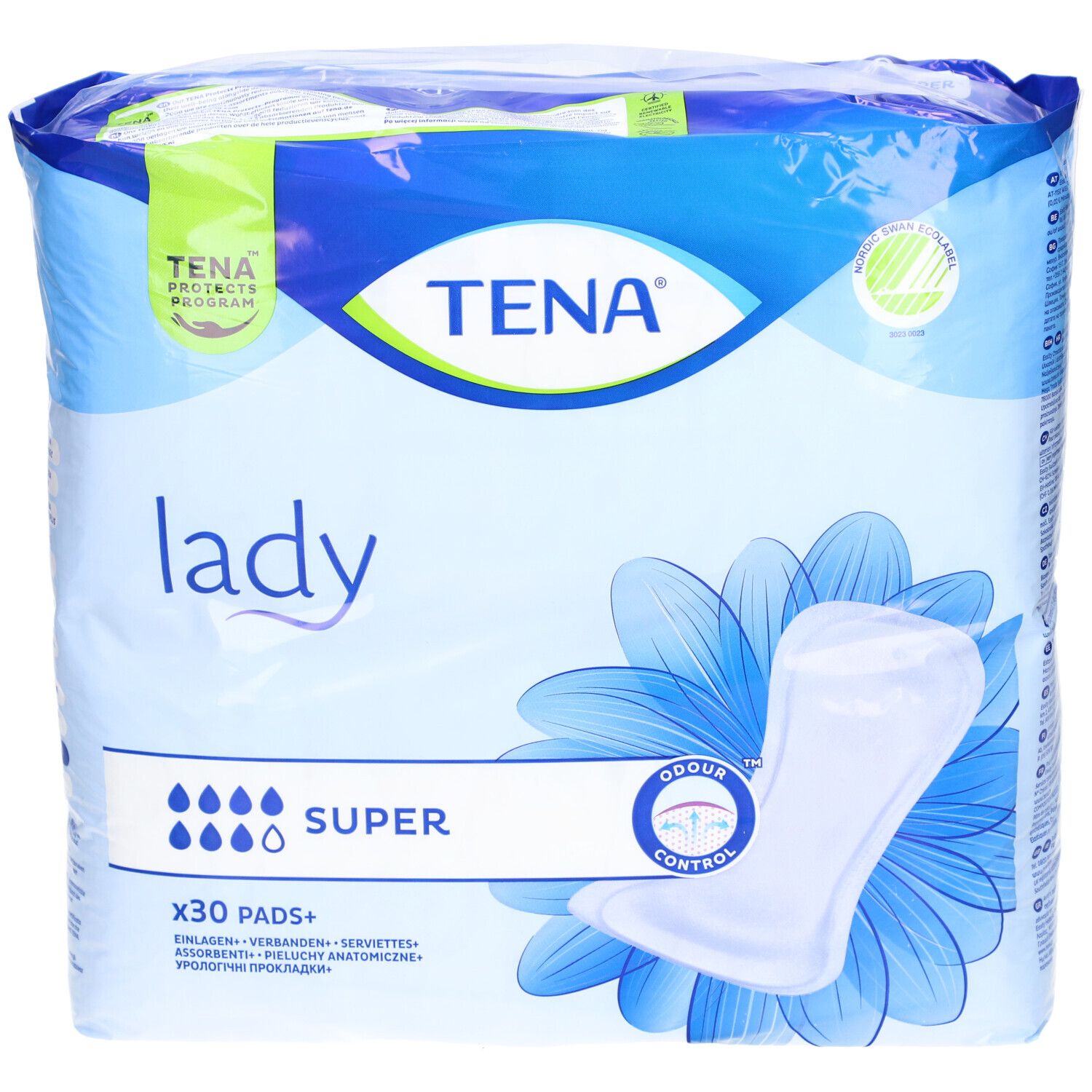 Emballage TENA Lady Super. Emballage bleu avec illustration du produit. Contient 30 serviettes. Contrôle des odeurs.