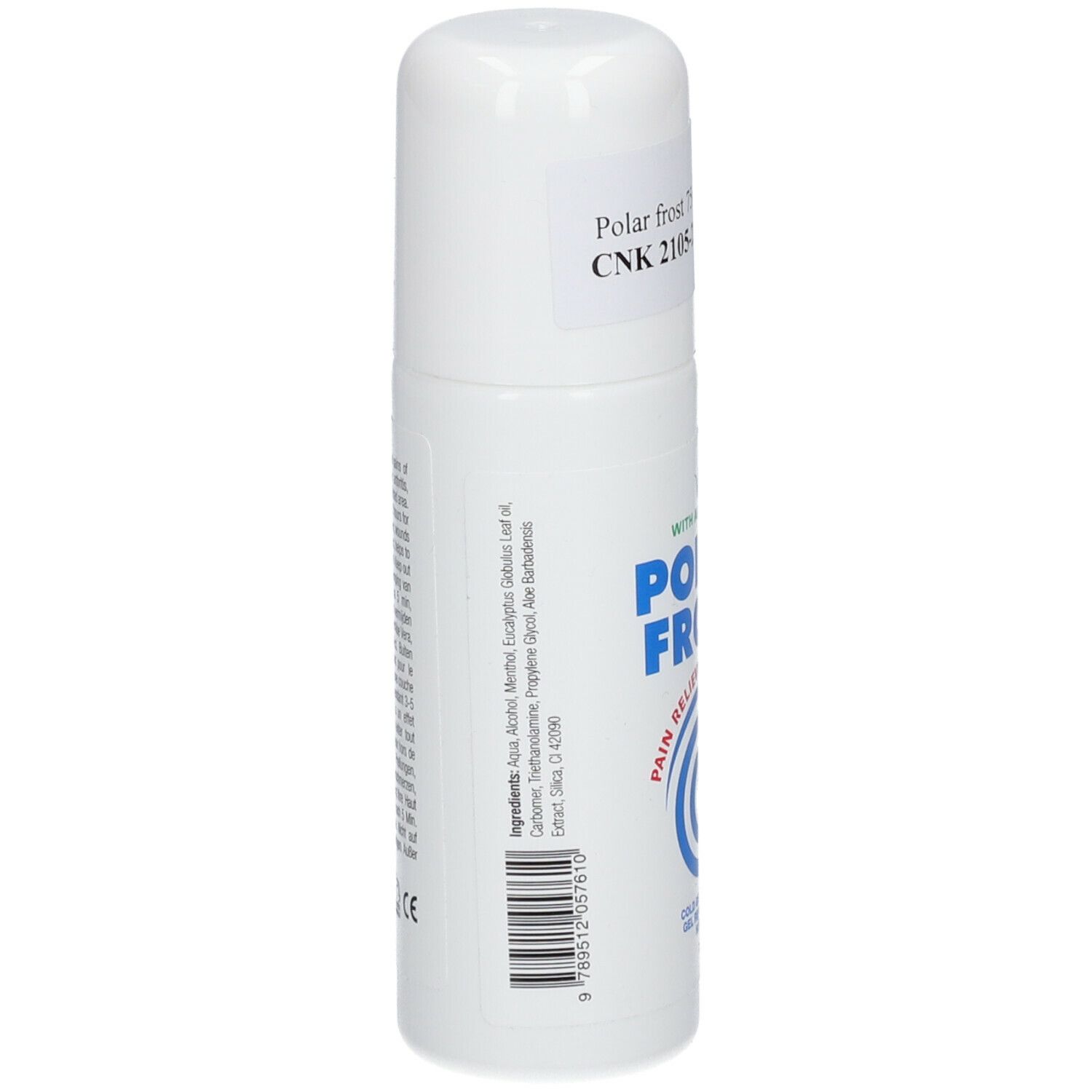 Witte roll-on. Opschrift: Polar Frost, ingrediënten, barcode. Achterkant met meertalige tekst.