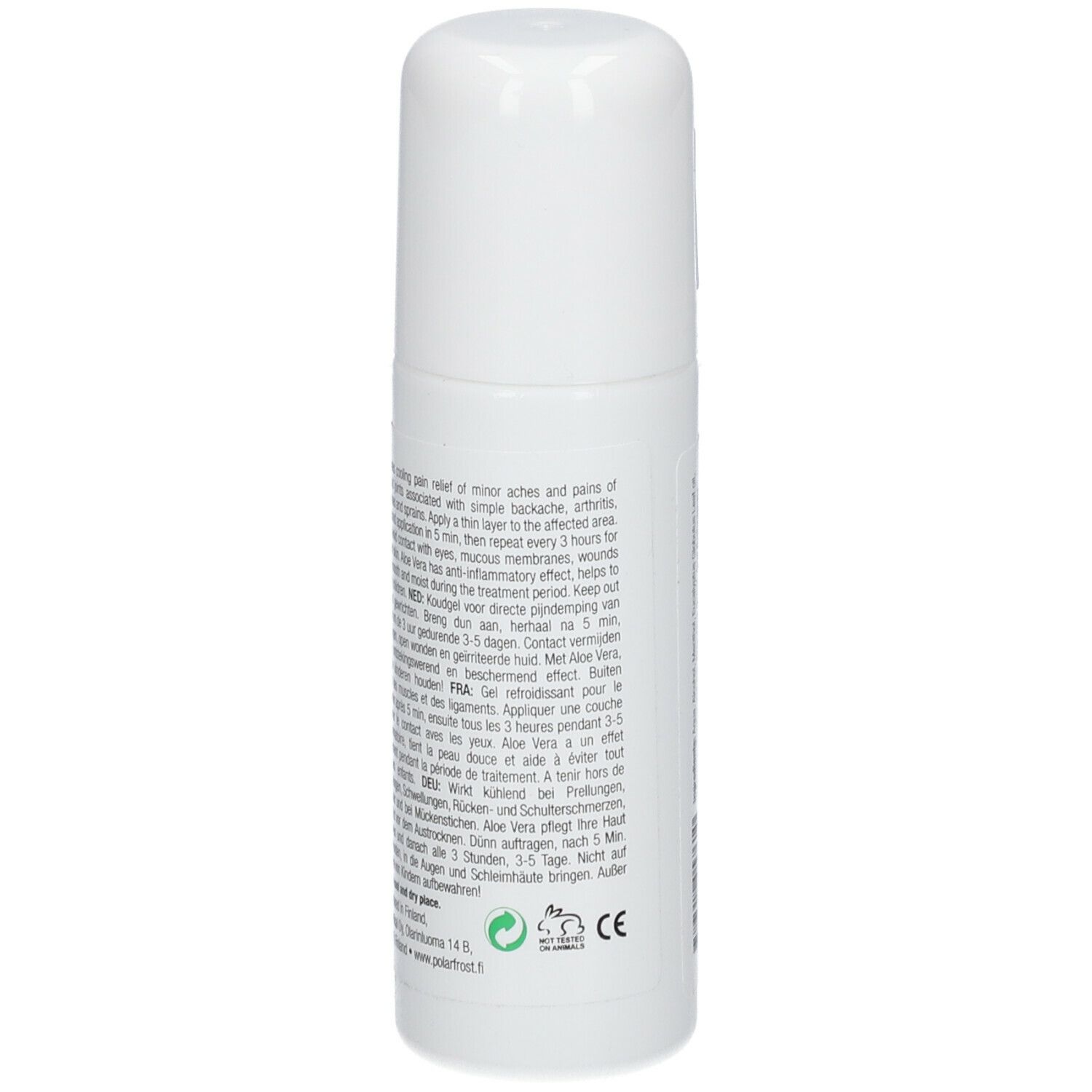 Witte roll-on. Achterkant met meertalige tekst. Met groene milieukeurmerken.