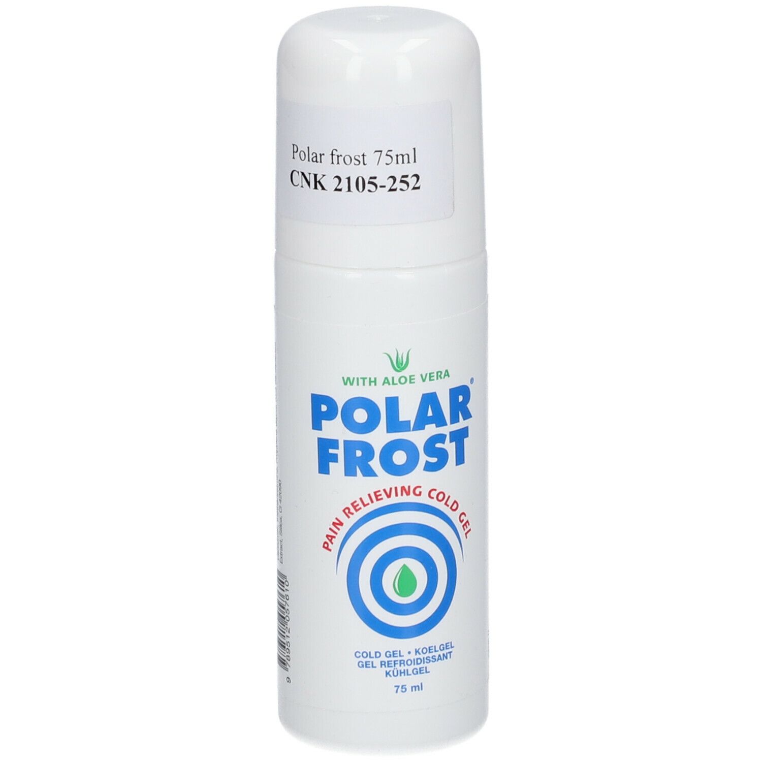 Witte roll-on met blauw-groen logo. Opschrift: Polar Frost, Cold Gel, 75 ml. Met Aloe Vera.