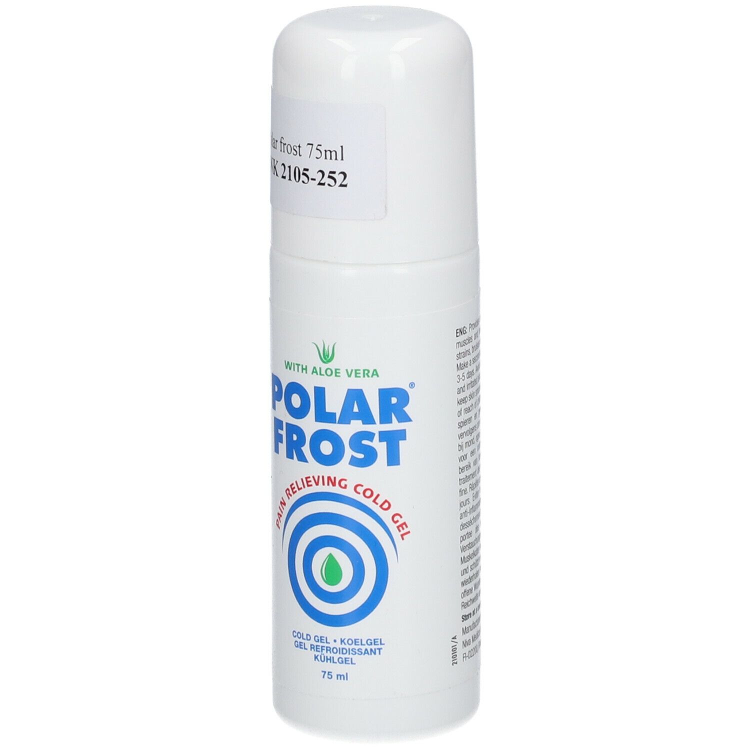 Witte roll-on met blauw-groen logo. Opschrift: Polar Frost, Cold Gel, 75 ml. Met Aloe Vera.