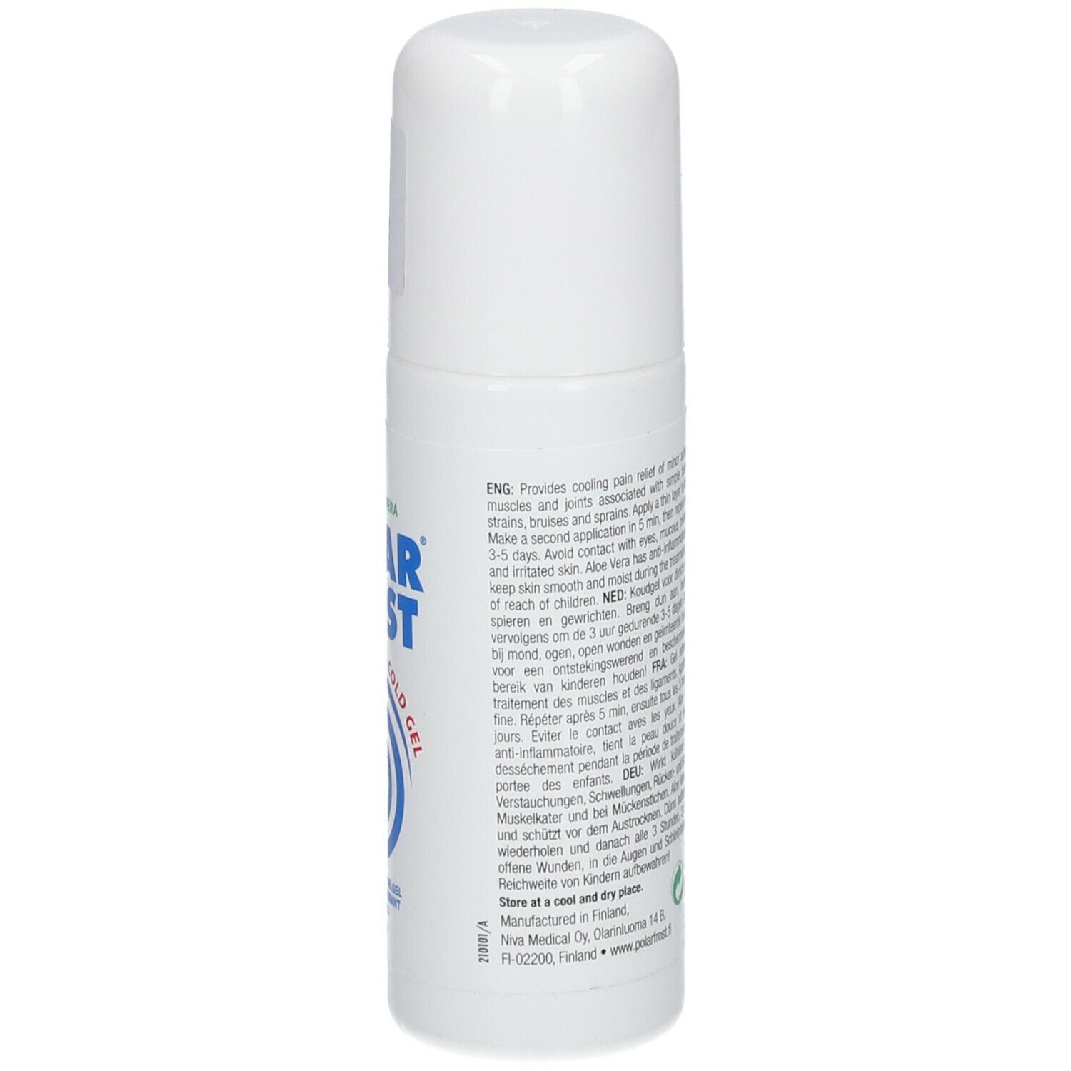 Witte roll-on. Opschrift: Polar Frost, Cold Gel. Achterkant met meertalige tekst.