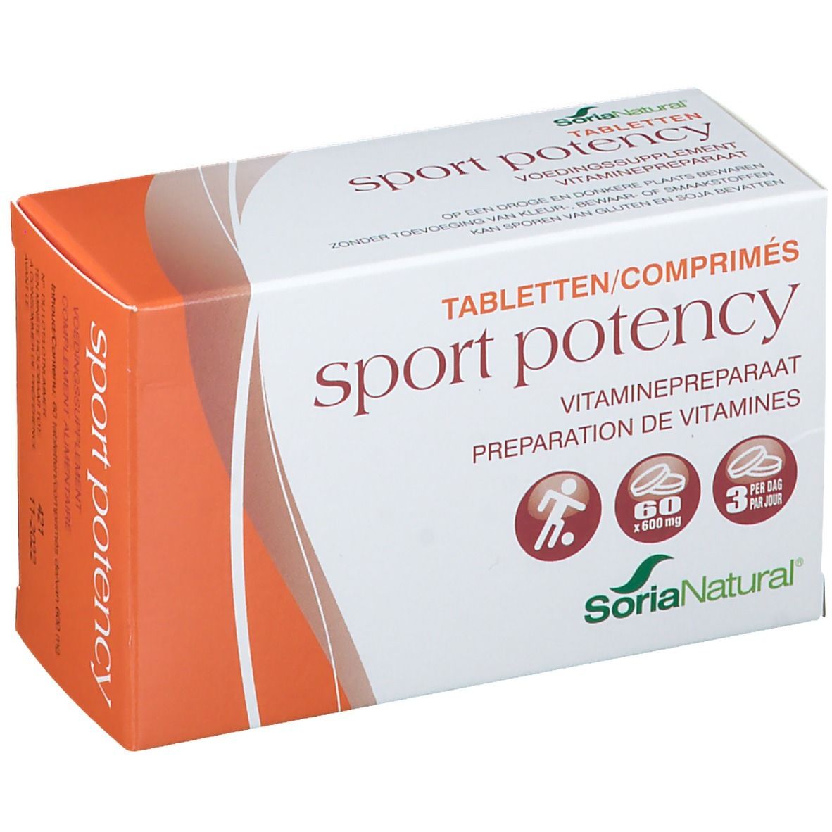 Boîte blanche et orange 'sport potency' et 'Soria Natural'. Contient 60 comprimés. Illustration d'un joueur de football.