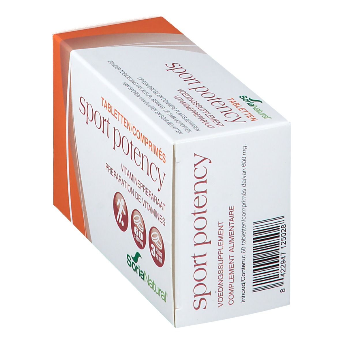 Boîte blanche et orange en biais avec 'sport potency' et 'Soria Natural'. Contient 60 comprimés.
