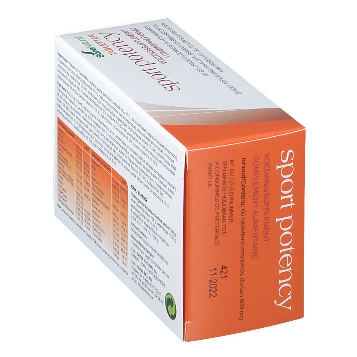 Boîte 'sport potency' en biais. Contient des informations sur les ingrédients et la durabilité. Marque : Soria Natural.