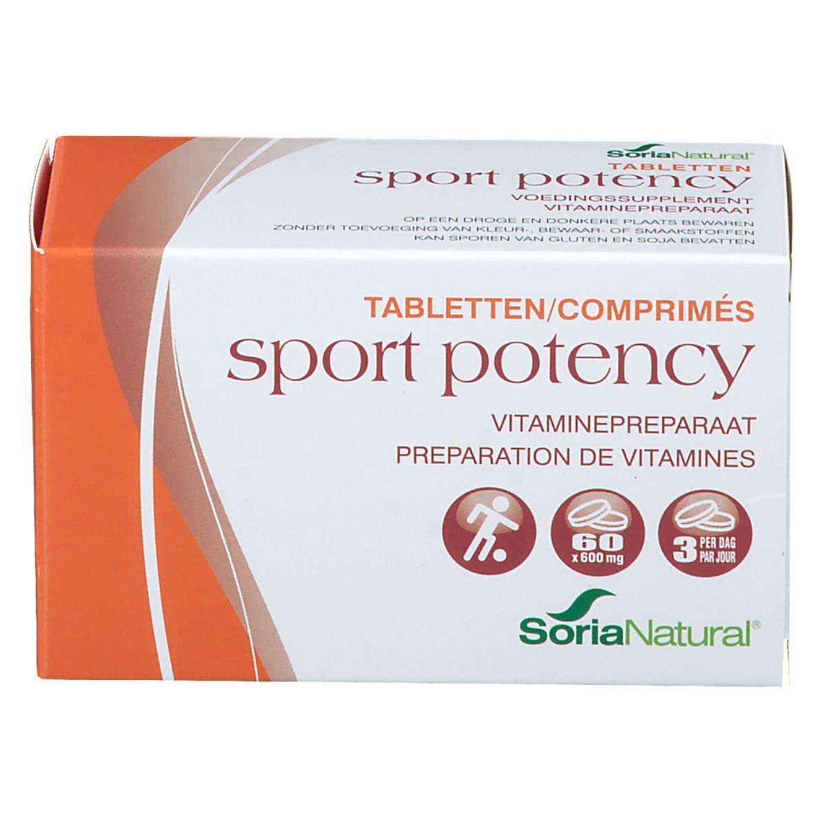 Boîte blanche et orange 'sport potency' et 'Soria Natural'. Contient 60 comprimés. Illustration d'un joueur de football.