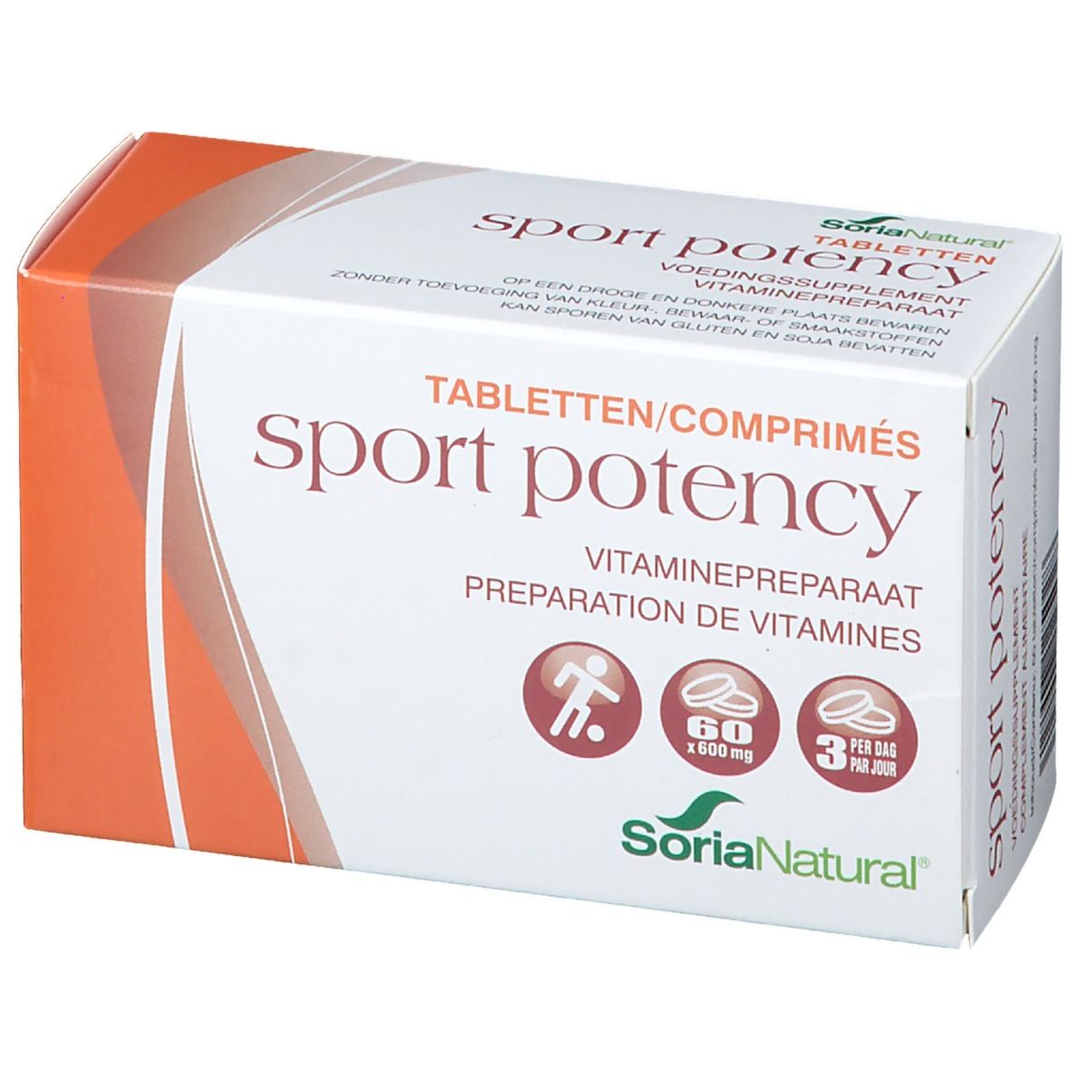 Boîte blanche et orange 'sport potency' et 'Soria Natural'. Contient 60 comprimés. Illustration d'un joueur de football.