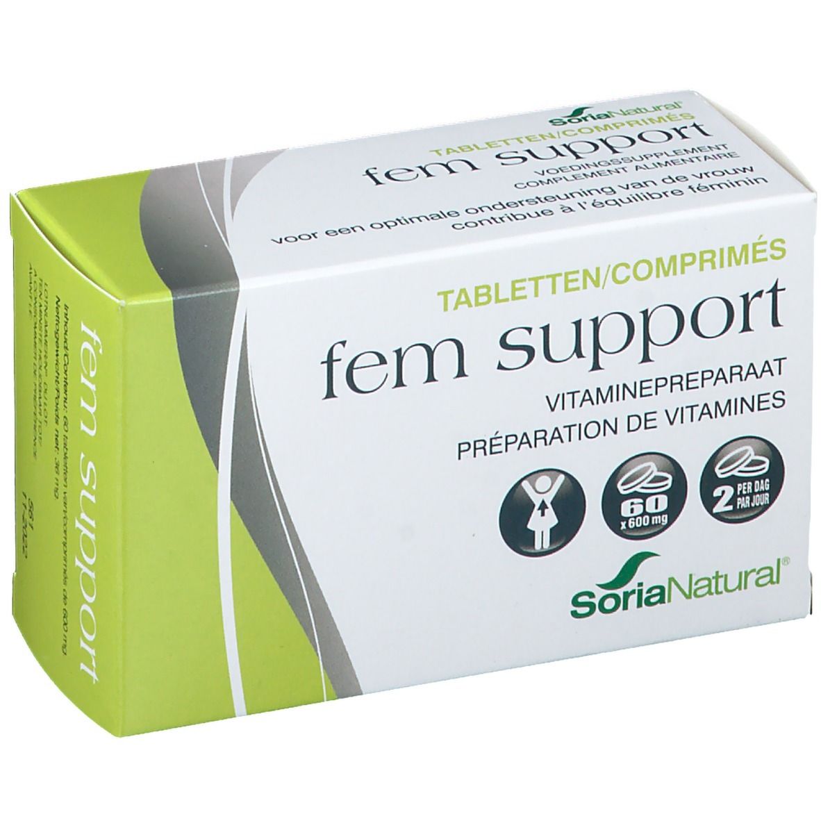 Boîte blanche et verte 'fem support'. Contient 60 comprimés. Marque: SoriaNatural.