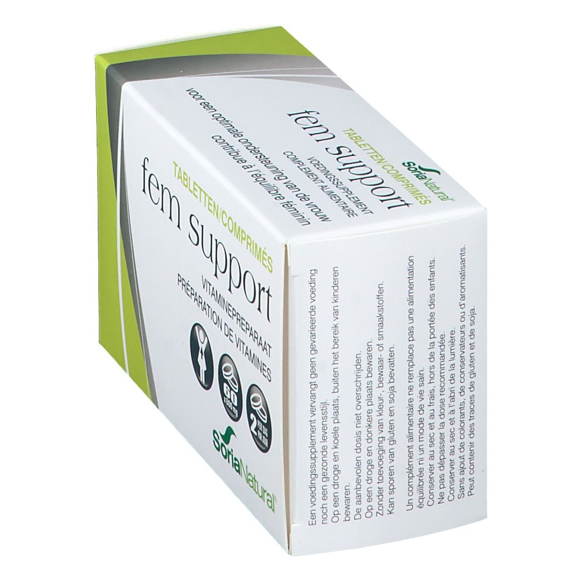 Boîte 'fem support' en biais. Texte: Tabletten/Comprimés, Préparation de vitamines. Marque: SoriaNatural.