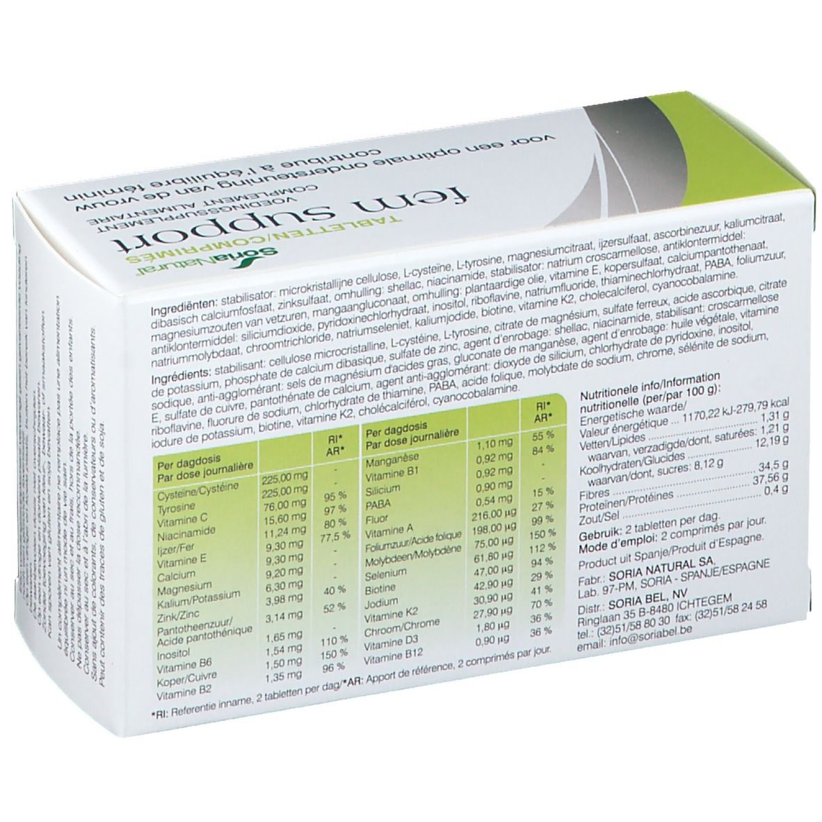 Dos de la boîte 'fem support'. Contient des informations nutritionnelles et des ingrédients. Marque: SoriaNatural.