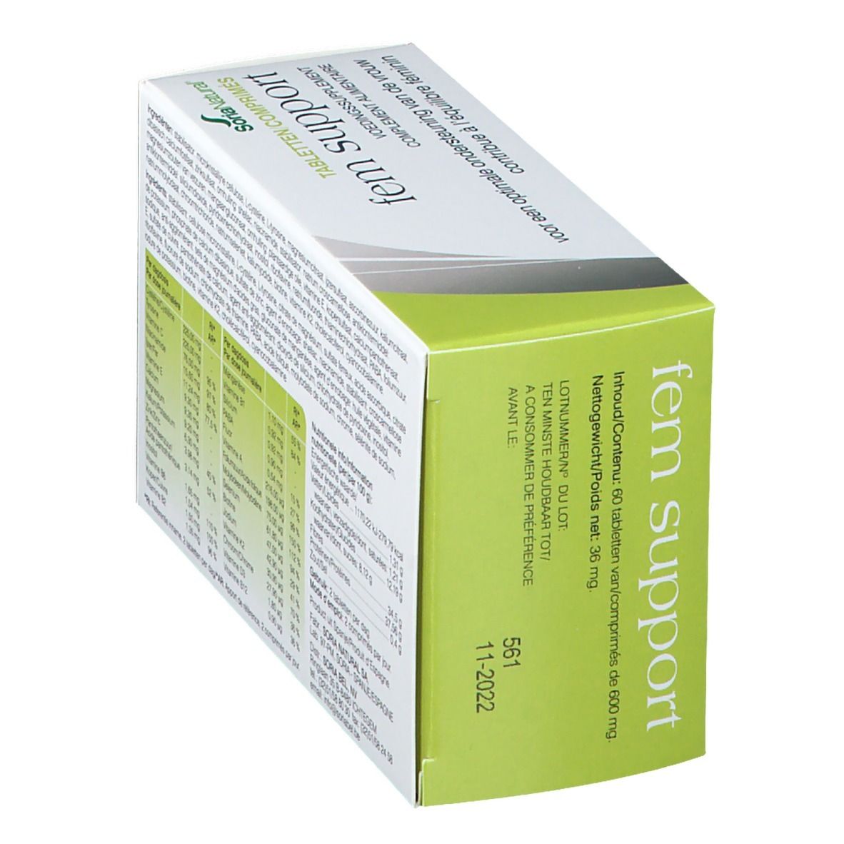 Boîte 'fem support' en biais. Texte: Tabletten/Comprimés, 60 comprimés. Marque: SoriaNatural.