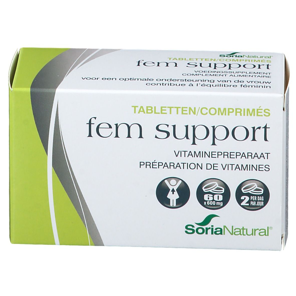 Boîte blanche et verte 'fem support'. Contient 60 comprimés. Marque: SoriaNatural. Pictogramme: femme.