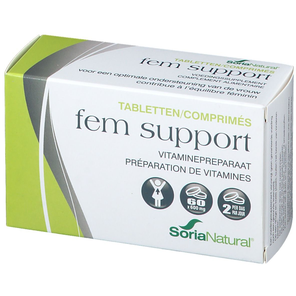 Boîte blanche et verte 'fem support'. Contient 60 comprimés. Marque: SoriaNatural. Pictogramme: femme.