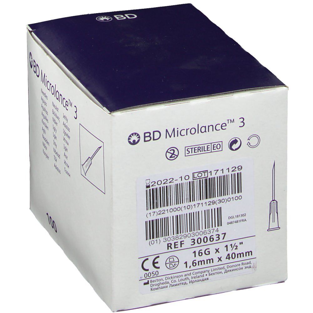 Boîte de BD Microlance™ 3 aiguilles. Impression: Stérile, numéro de lot, numéro de référence, marquage CE, taille d'aiguille 16G x 1 1/2".