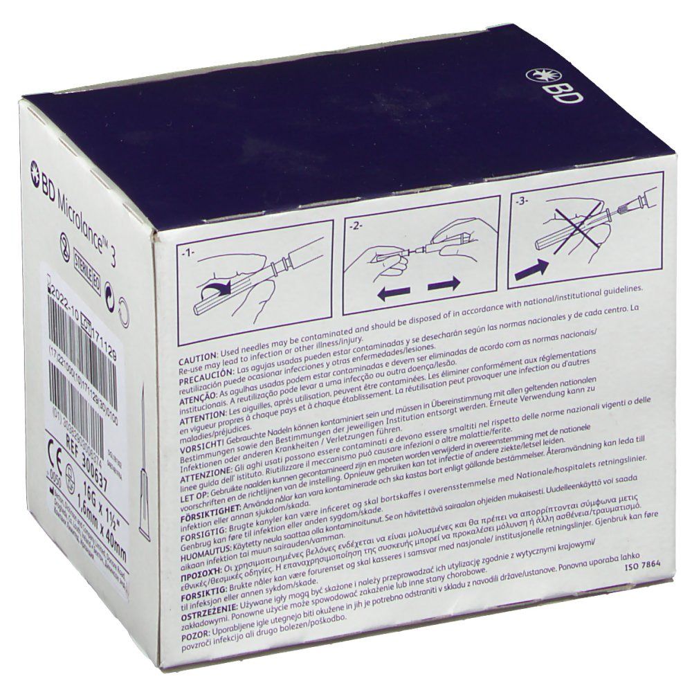 Boîte de BD Microlance™ 3 aiguilles. Dos avec pictogrammes d'utilisation et avertissements en plusieurs langues.