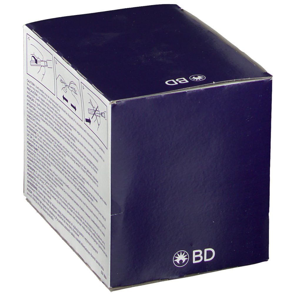 Boîte de BD Microlance™ 3 aiguilles. Vue latérale avec avertissements et pictogrammes. Couvercle bleu foncé.