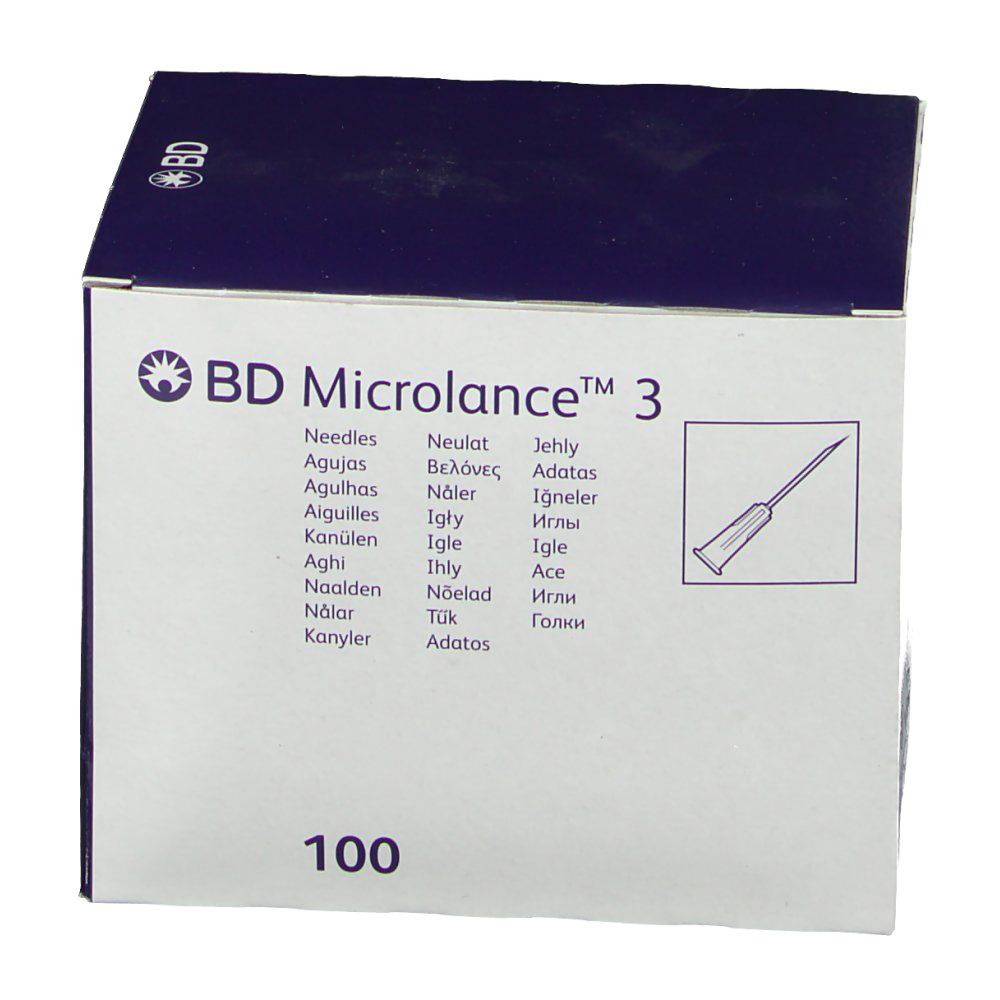 Boîte de BD Microlance™ 3 aiguilles. Inscription: 100. Illustration du produit et désignations multilingues des aiguilles.