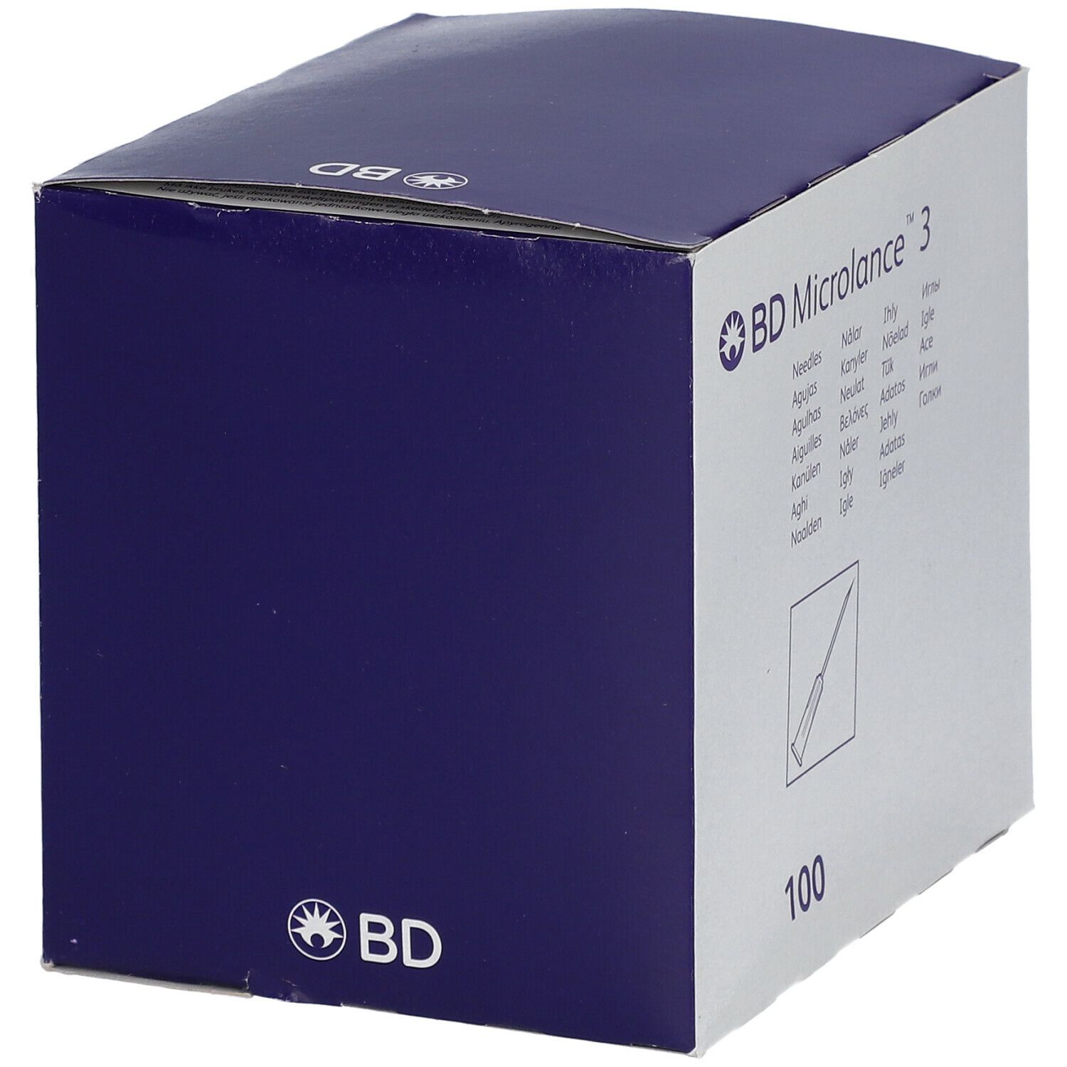 Doos BD Microlance 3. Blauw en witte verpakking. 100 stuks. BD-logo. Naaldillustratie.