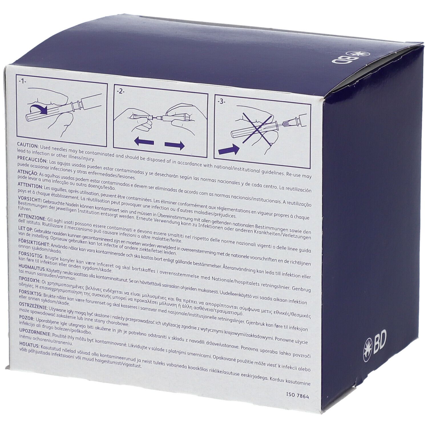 Doos met waarschuwingen en instructies. Blauw en witte verpakking. BD-logo. Illustraties.