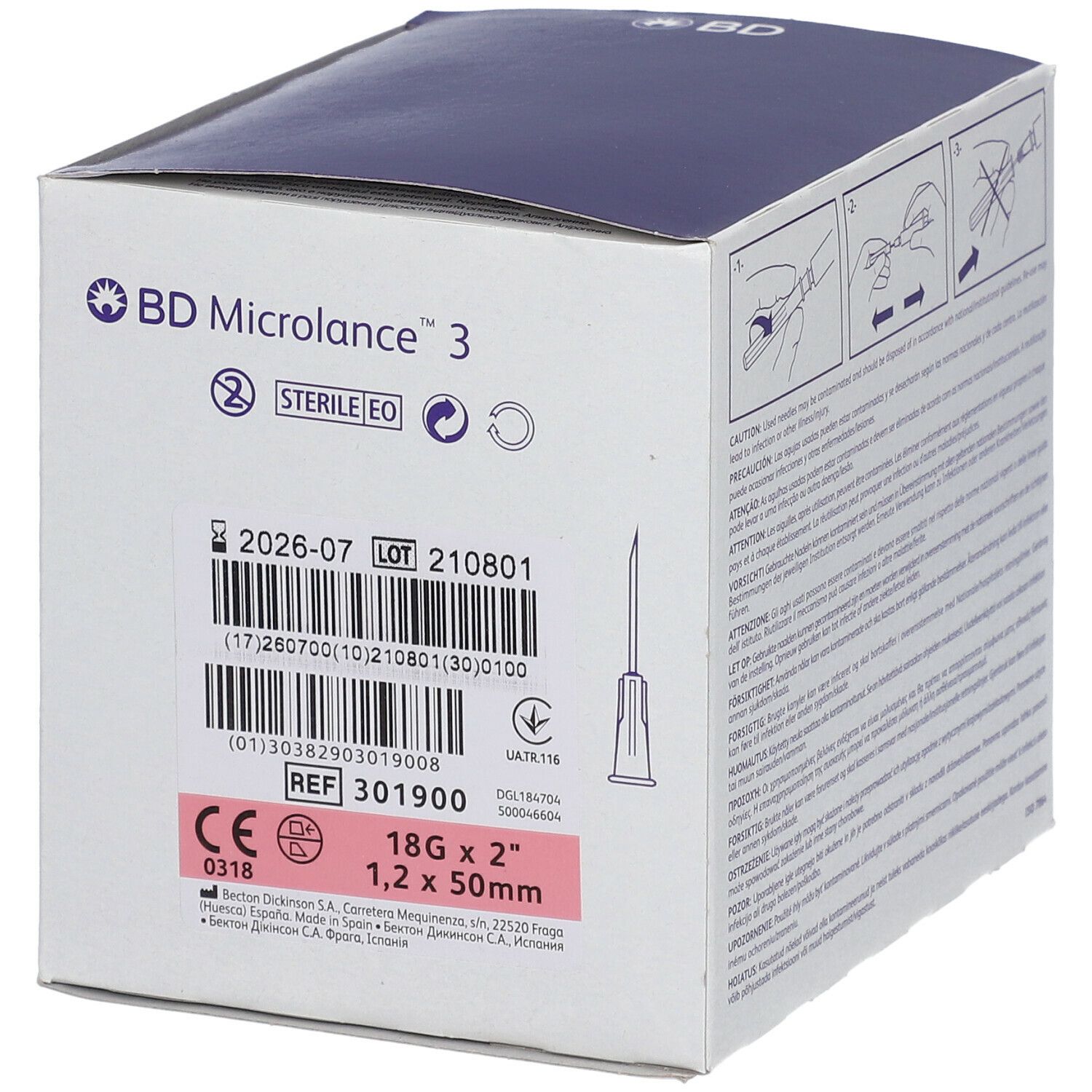 Doos BD Microlance 3. Steriel EO. 18G x 2" 1,2 x 50mm. Barcode, referentie, partij. CE-markering.