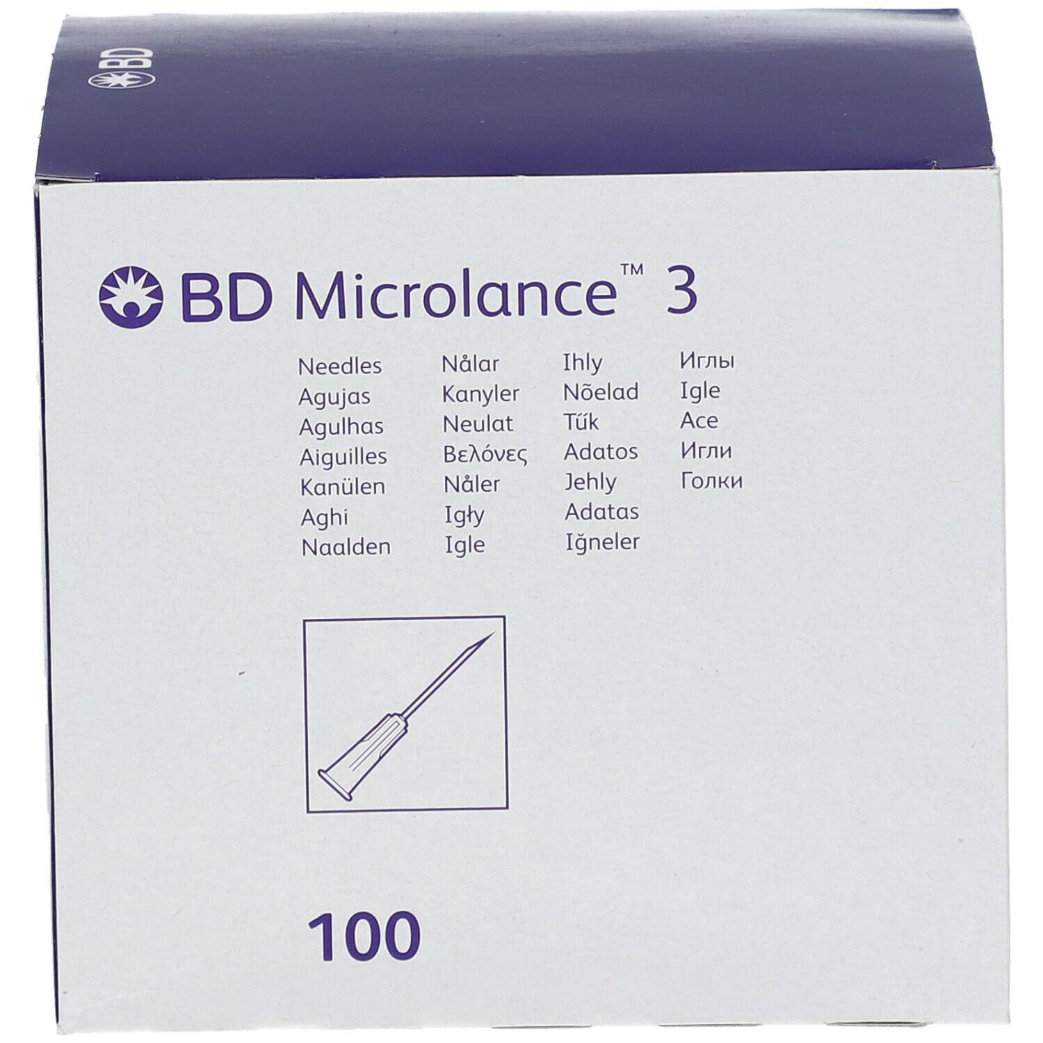 Doos BD Microlance 3. 100 stuks. Naaldillustratie. Meertalige lijst met termen.