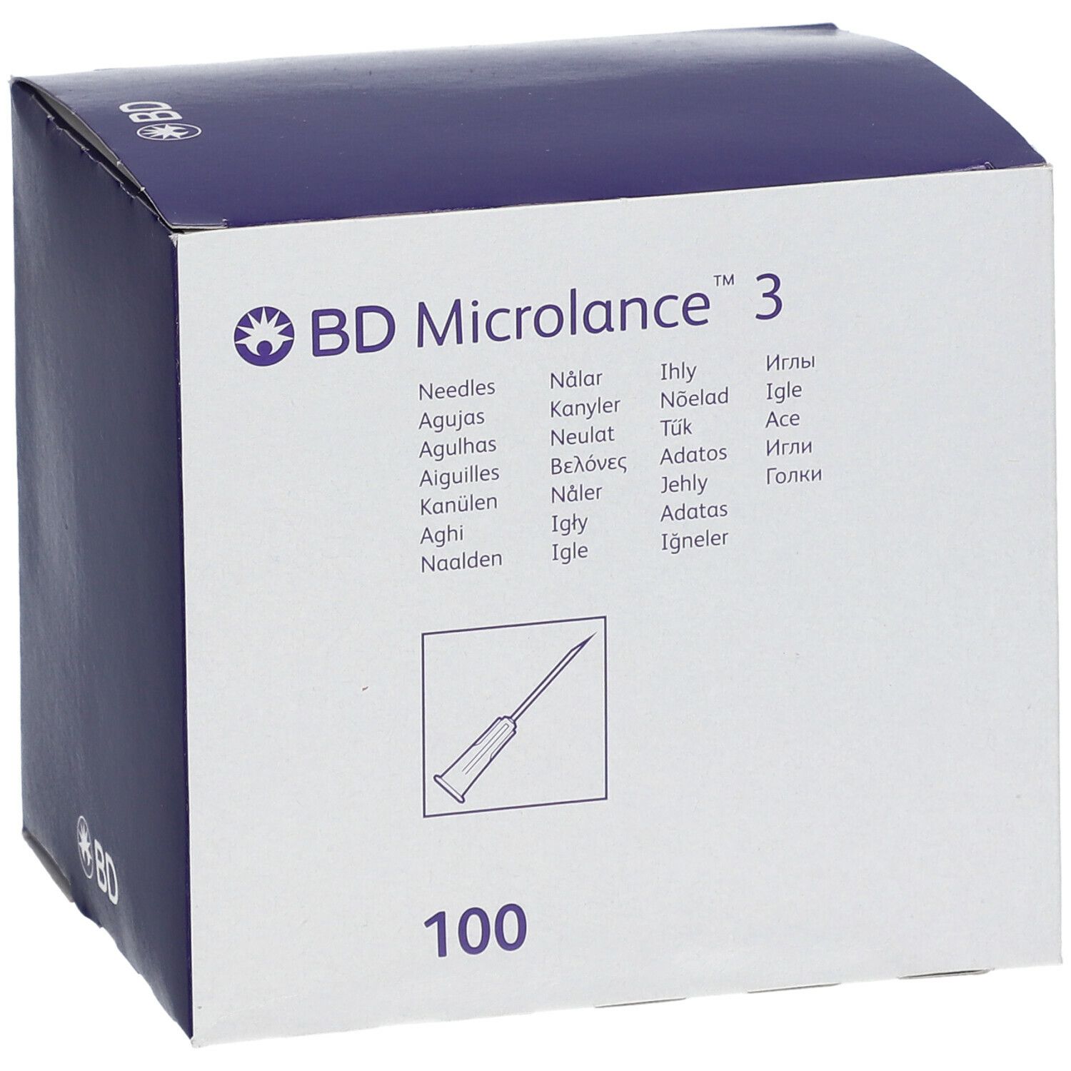 Doos BD Microlance 3. 100 stuks. Naaldillustratie. BD-logo. Blauw en witte verpakking.