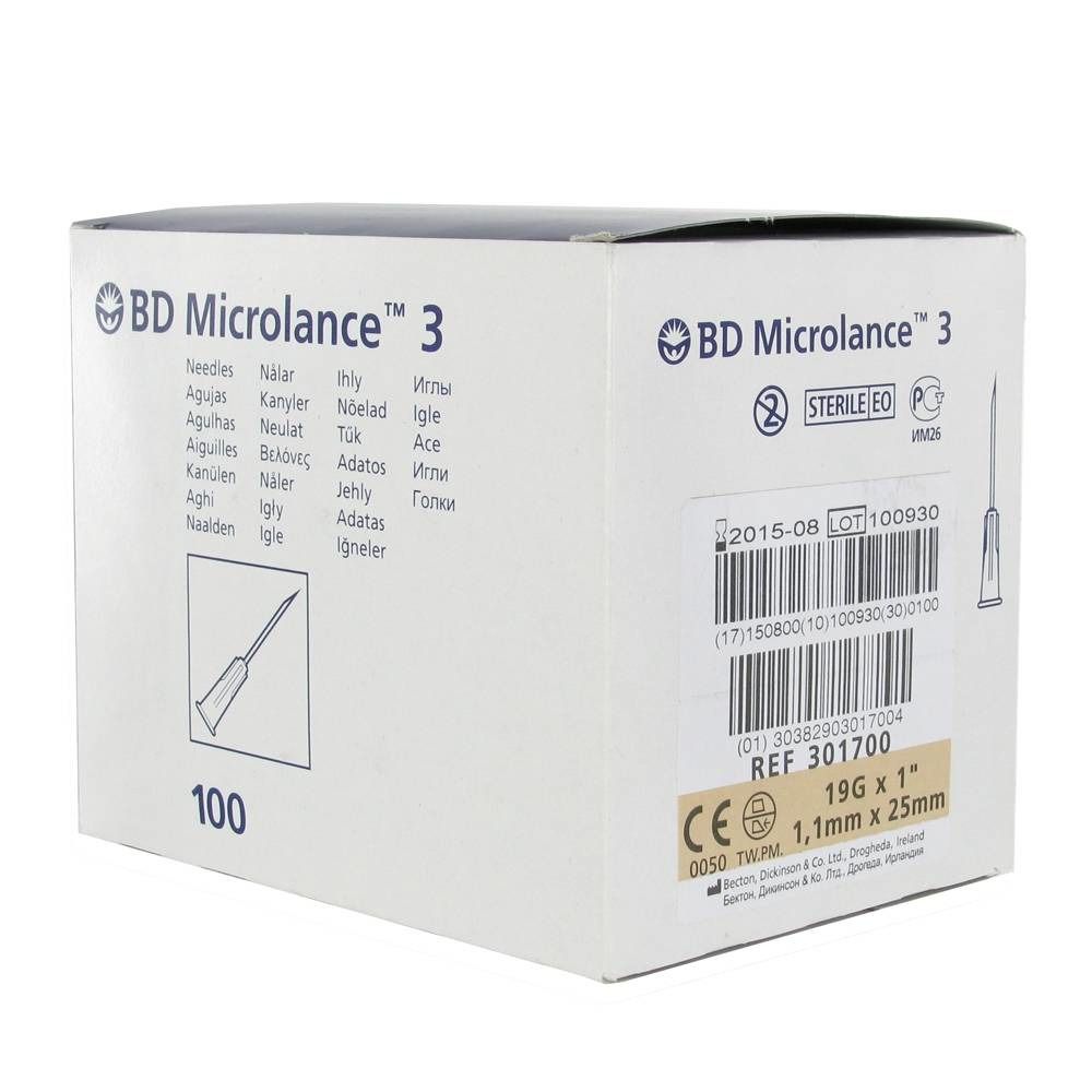 Verpackung von BD Microlance™ 3 Nadeln. Enthält 100 Nadeln, 19G x 1", 1,1mm x 25mm. Steril.