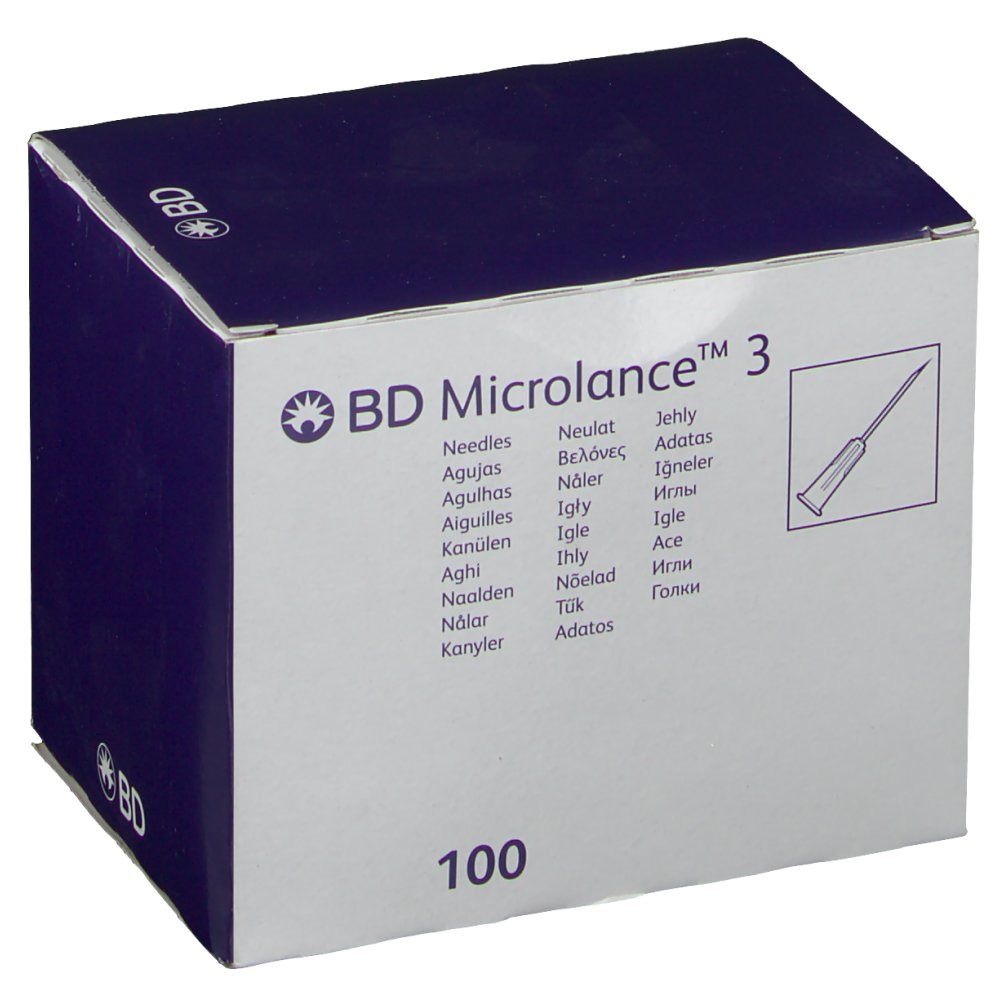 Verpackung von BD Microlance™ 3 Nadeln. Blaue Verpackung mit Produktinformationen und Nadel-Illustration.